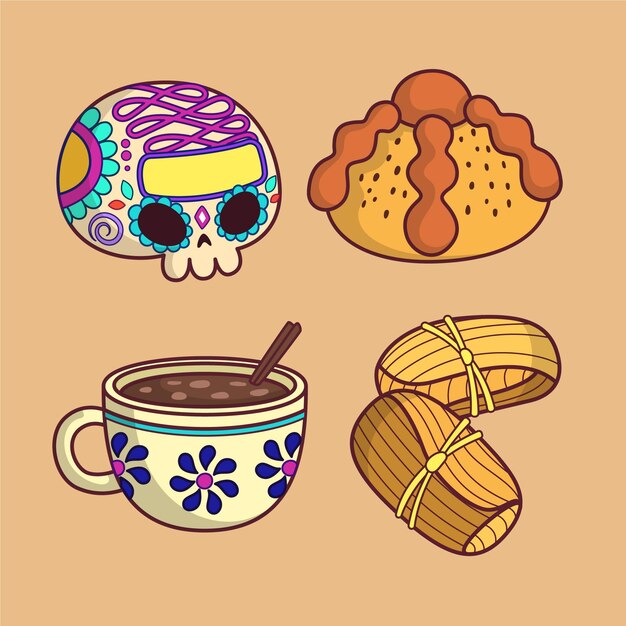 Hand drawn dia de muertos food collection