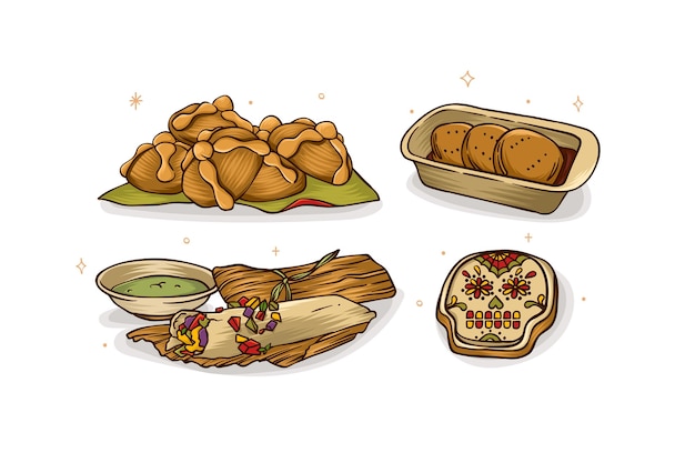 Free vector hand drawn dia de muertos food collection