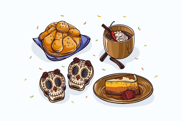 Vettore gratuito collezione di cibo dia de muertos disegnata a mano