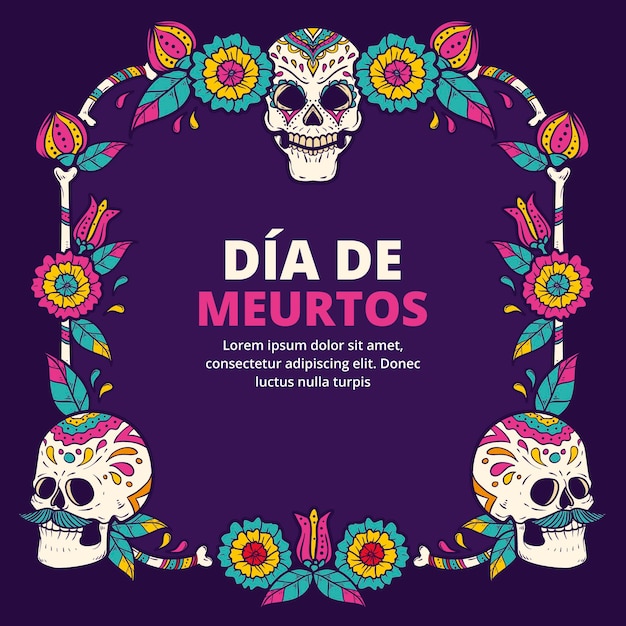 Vettore gratuito modello di cornice dia de muertos disegnato a mano