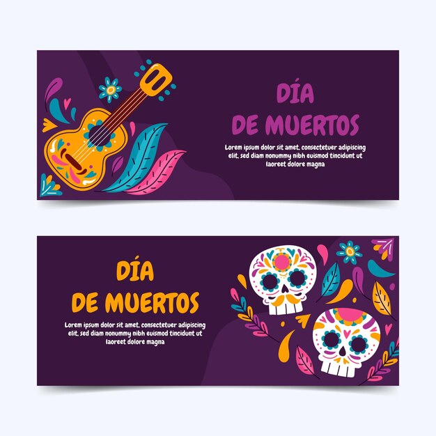 Hand drawn dia de muertos horizontal banners set