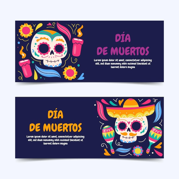 Free vector hand drawn dia de muertos horizontal banners set