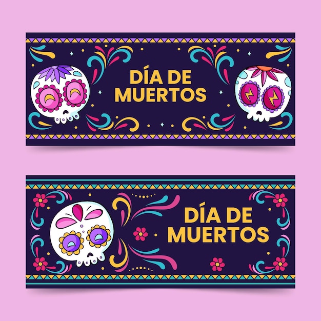 Set di banner orizzontali dia de muertos disegnati a mano