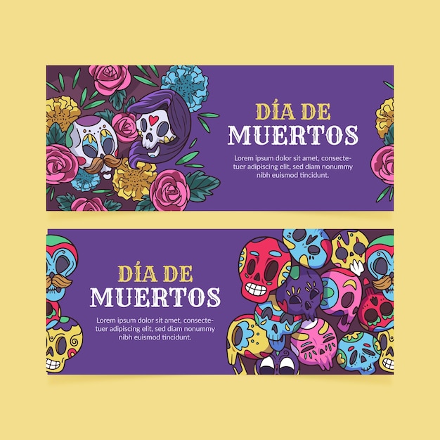 Vettore gratuito set di banner orizzontali dia de muertos disegnati a mano