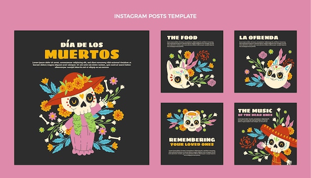 Hand drawn dia de muertos instagram posts collection