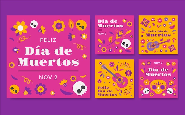 Hand drawn dia de muertos instagram posts collection