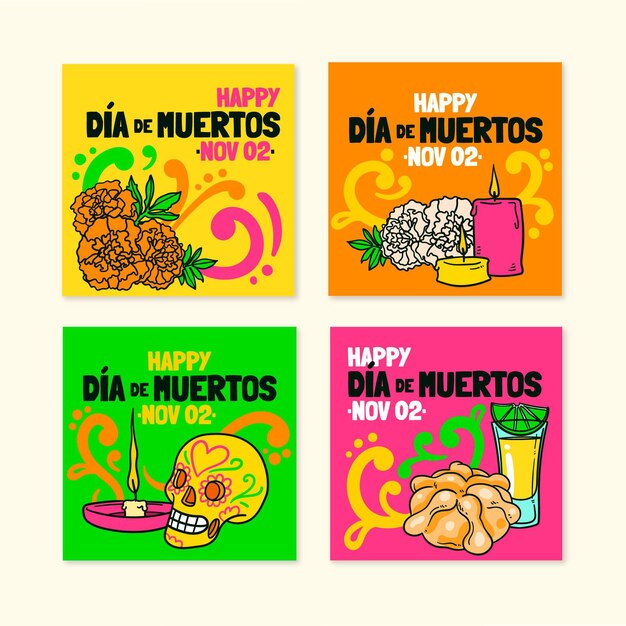 hand drawn dia de muertos instagram posts collection