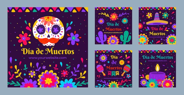 Vettore gratuito collezione di post di instagram dia de muertos disegnata a mano