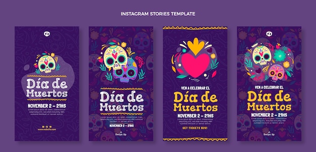 Free vector hand drawn dia de muertos instagram stories collection