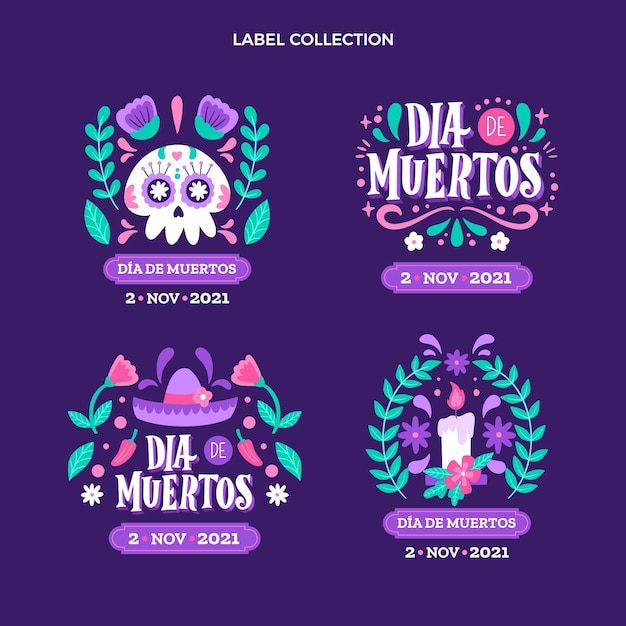 Hand drawn dia de muertos labels collection