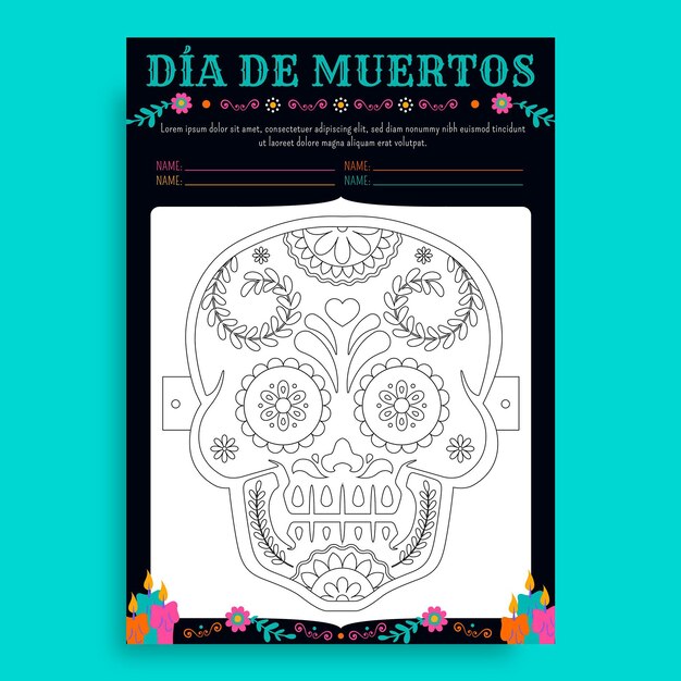 손으로 그린 dia de muertos 마스크 워크시트