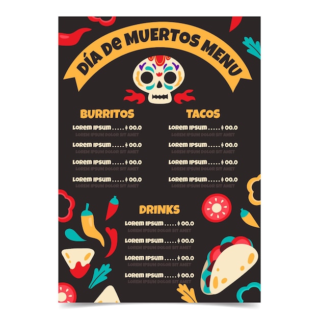 Vettore gratuito modello di menu dia de muertos disegnato a mano