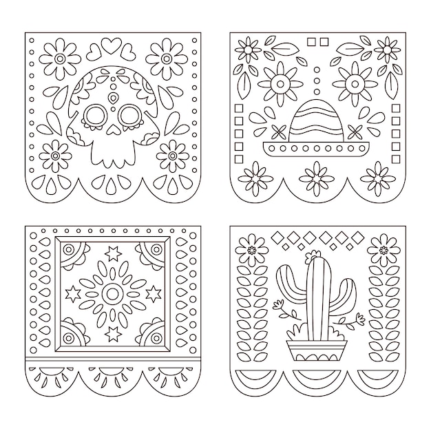 Vettore gratuito disegno a mano dia de muertos papel picado pagina da colorare