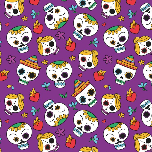 손으로 그린 된 dia de muertos 패턴