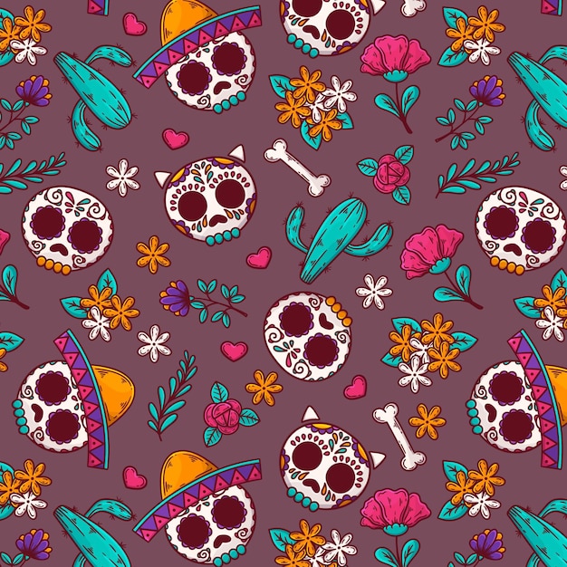 Hand drawn dia de muertos pattern