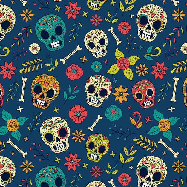 손으로 그린 된 dia de muertos 패턴