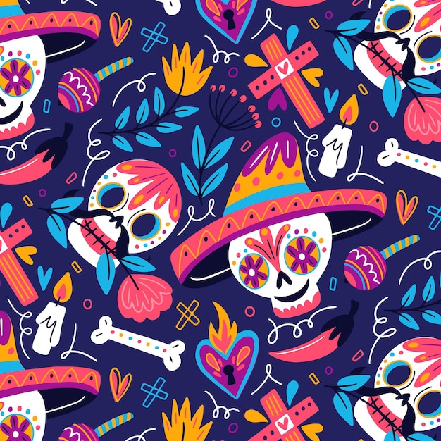 Hand drawn dia de muertos pattern