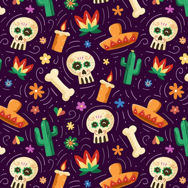 Hand drawn dia de muertos pattern