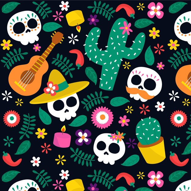 Hand drawn dia de muertos pattern