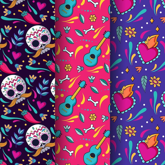 Free vector hand drawn dia de muertos patterns collection