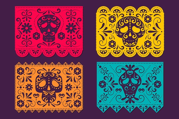 Vettore gratuito collezione di carte dia de muertos picado disegnata a mano