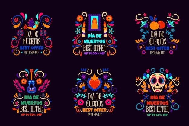 Нарисованная от руки коллекция этикеток продажи dia de muertos