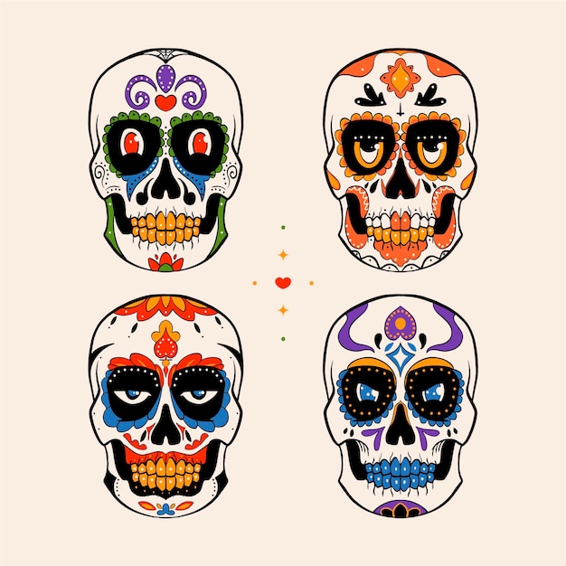 Collezione di teschi dia de muertos disegnati a mano