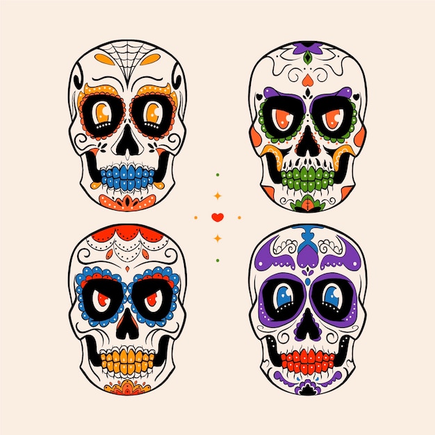 Free vector hand drawn dia de muertos skulls collection
