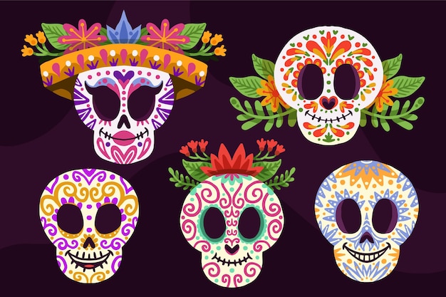 Hand drawn dia de muertos skulls collection