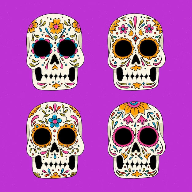 Collezione di teschi dia de muertos disegnati a mano