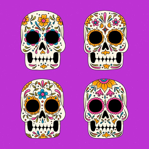 Hand drawn dia de muertos skulls collection