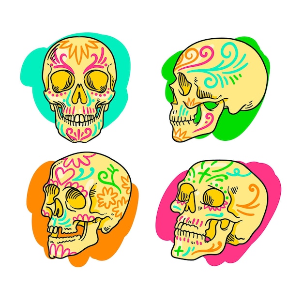 Vettore gratuito collezione di teschi dia de muertos disegnati a mano