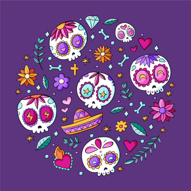 Hand drawn dia de muertos skulls collection