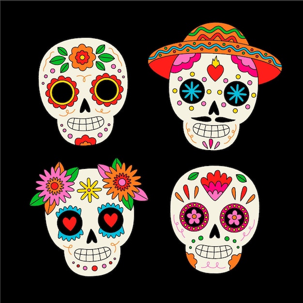 Vettore gratuito collezione di teschi dia de muertos disegnati a mano