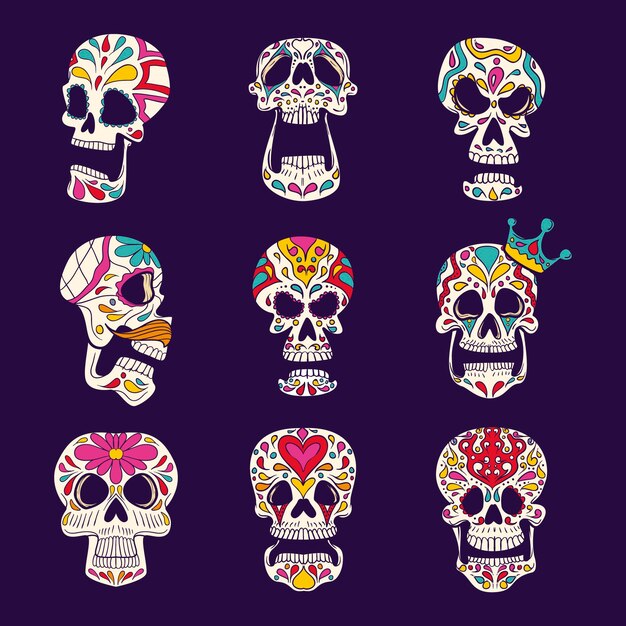 Hand drawn dia de muertos skulls collection