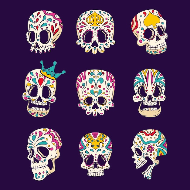 Hand drawn dia de muertos skulls collection