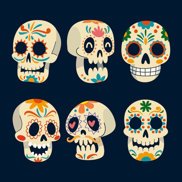 Free vector hand drawn dia de muertos skulls collection