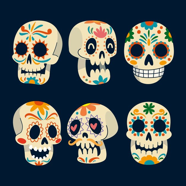 Hand drawn dia de muertos skulls collection