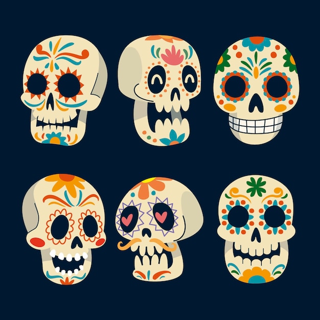 Hand drawn dia de muertos skulls collection