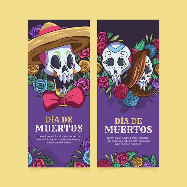 Vettore gratuito set di banner verticali dia de muertos disegnati a mano