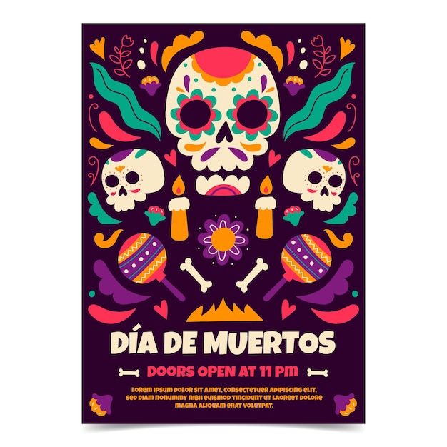 Free vector hand drawn dia de muertos vertical flyer template