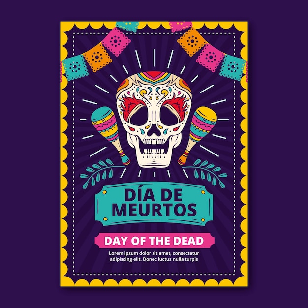 무료 벡터 손으로 그린 dia de muertos 세로 포스터 템플릿