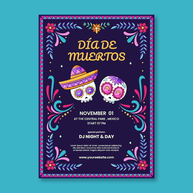 Vettore gratuito modello di poster verticale dia de muertos disegnato a mano