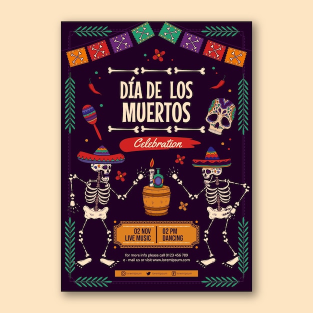 Modello di poster verticale dia de muertos disegnato a mano