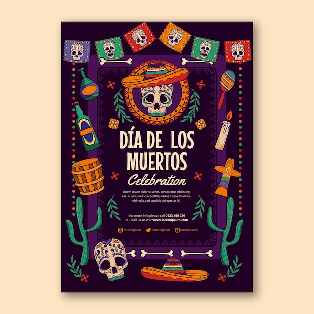 Hand drawn dia de muertos vertical poster template