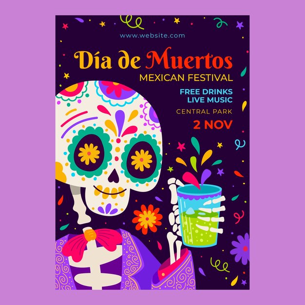 Hand drawn dia de muertos vertical poster template