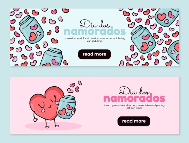 Hand drawn dia dos namorados horizontal banners collection