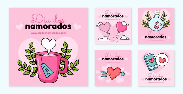 Free vector hand drawn dia dos namorados instagram posts collection