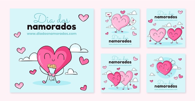 Free vector hand drawn dia dos namorados instagram posts collection