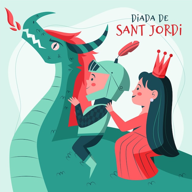 Нарисованная рукой иллюстрация diada de sant jordi с драконом и рыцарем с принцессой